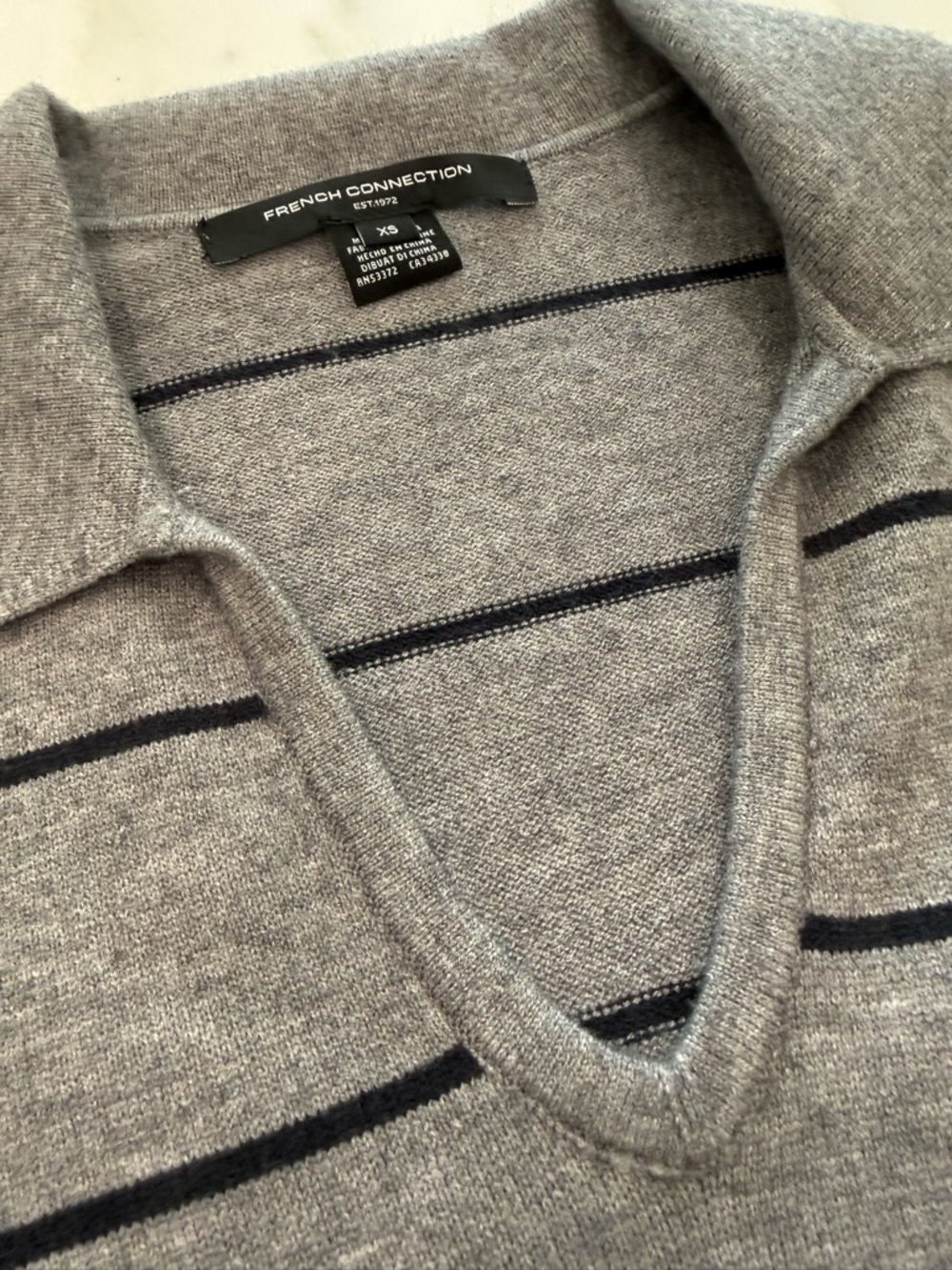 French Connection Gray Striped Collared V-Neck Sweater - Picture 5 of 5